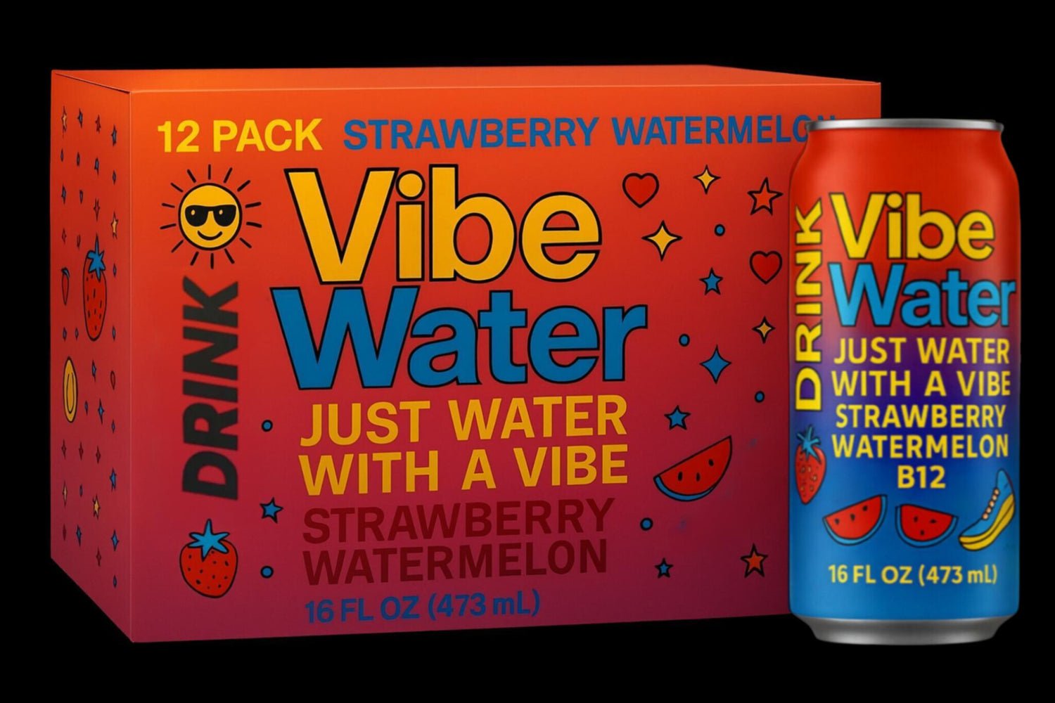 Pre-Order Drink Vibe Water – 12-Pack | Strawberry Watermelon B12 Infused Canned Water (Sugar-Free, No Dyes, Energy-Boosting)