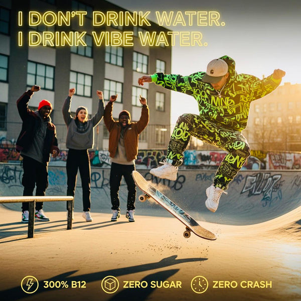 Skateboarder catching air at skate park with friends cheering - Drink Vibe Water provides 300% B12, zero sugar, zero crash hydration for active lifestyles