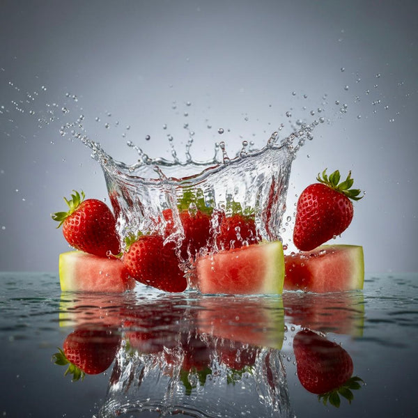 Fresh strawberries and watermelon splashing in water - natural strawberry-watermelon flavor in Drink Vibe Water with zero sugar and 300% B12